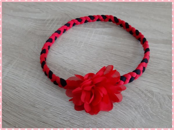 Gevlochten haarband rood-rood-zwart met rode chiffonbloem